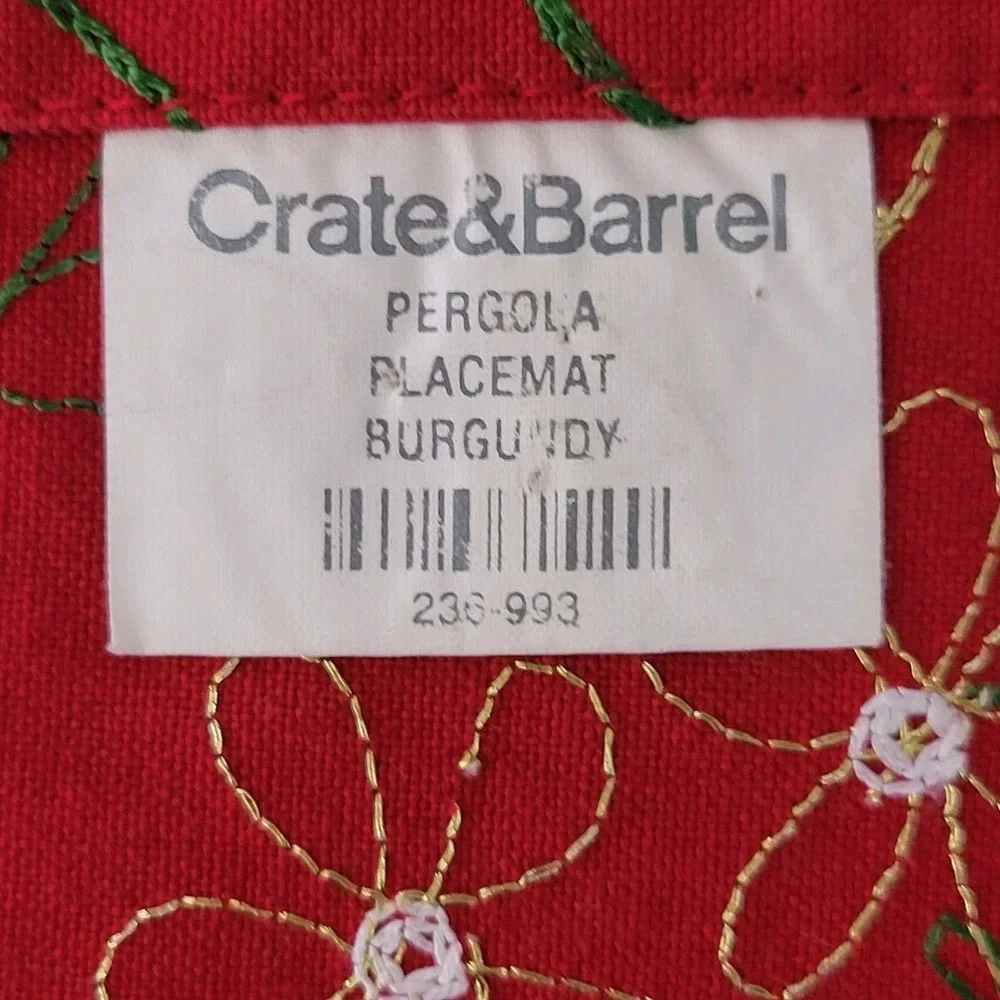 Crate Barrel Pergola Placemats Red Floral Green Gold White Embroidery Cotton 4Pc